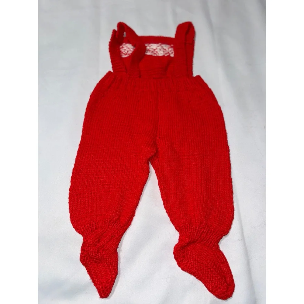 Vintage Hand Knit Baby Footed Overalls Red White Zigzag Bib Romper Sleeveless